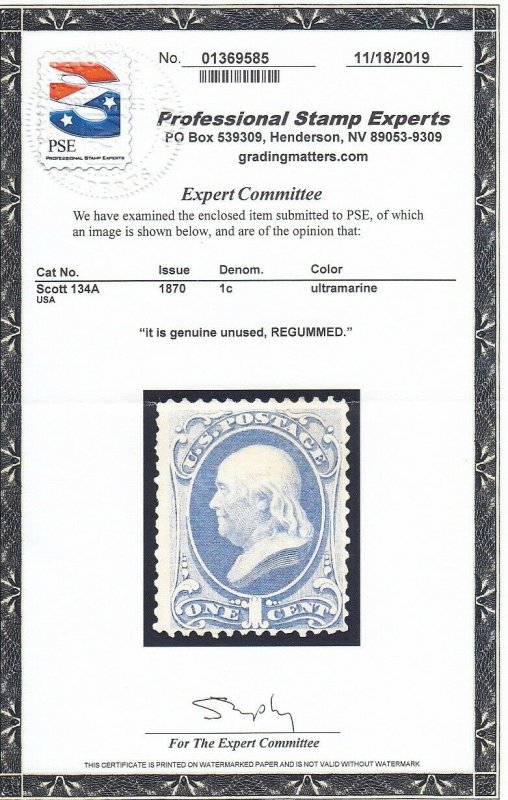 134A  F-VF PSE cert unused ( mint regummed ) nice color cv $ 800 ! see pic !