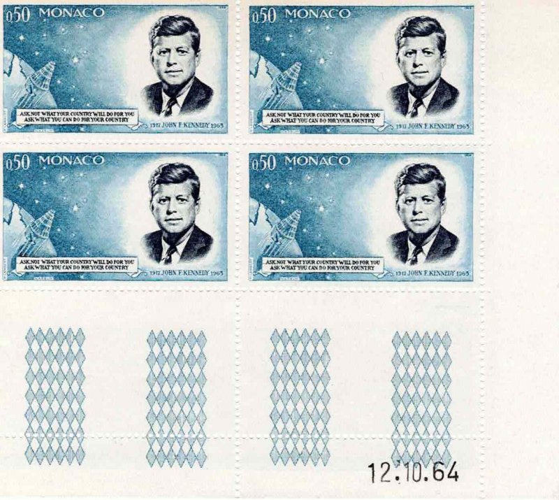 Monaco 1964 Sc 596 MNH JFK Kennedy Corner Block of 4