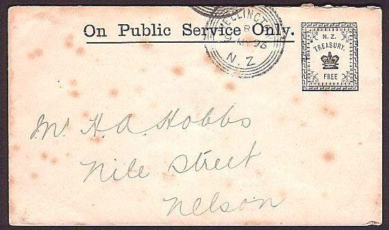 NEW ZEALAND 1895 OPSO Treasury envelope used ex Wellington.................13582