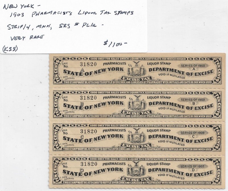 New York: 1903 Pharmacist's Liquor Tax Stamp Strip/4, MNH SRS #PL1a. (53872)