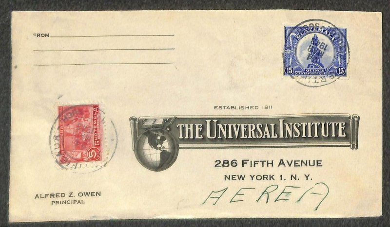 GUATEMALA SCOTT #240 & C143 STAMPS TO UNIVERSAL INSTITUTE NEW YORK COVER 1948