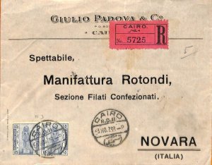 aa0143 - EGYPT - POSTAL HISTORY - REGISTERED  COVER to ITALY  1923