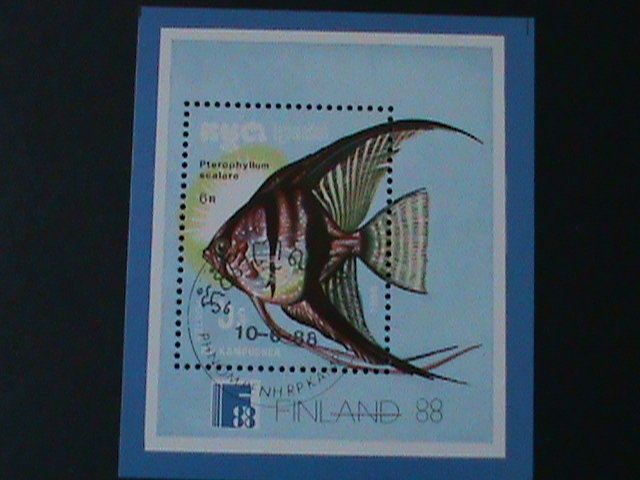CAMBODIA-1988-WORLD STAMP SHOW-FINLAND'88 -LOVELY ANGLE FISH CTO -S/S VF