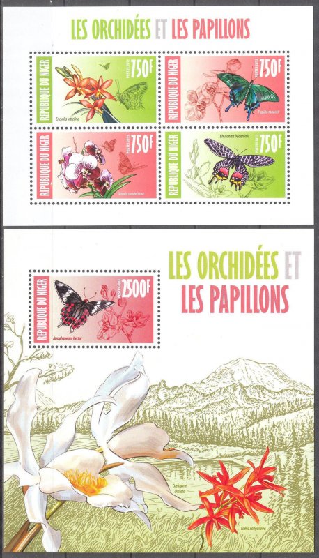 Niger 2013 Insects Butterflies and Flowers Orchids Sheet + S/S MNH