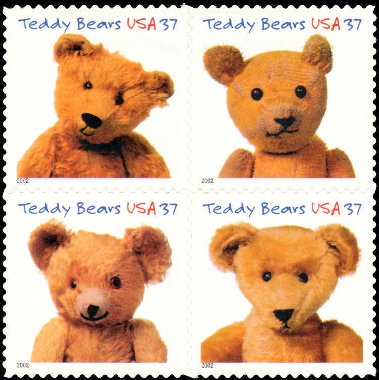 2002 37c Teddy Bears, Block of 4 Scott 3653-56 Mint F/VF NH