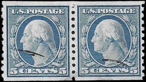 1919 US SC # 496 VF USED NH og COIL PAIR   PRISTINE FACE FREE CANCEL - SOUND.