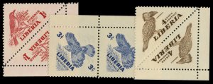 Liberia #341-343, 1953 Birds, 1c-4c, backgrounds omitted, square pairs, never...