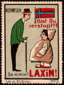 Vintage Circa 1910 Germany Poster Stamp Norway Are You Constipated So Take Laxin