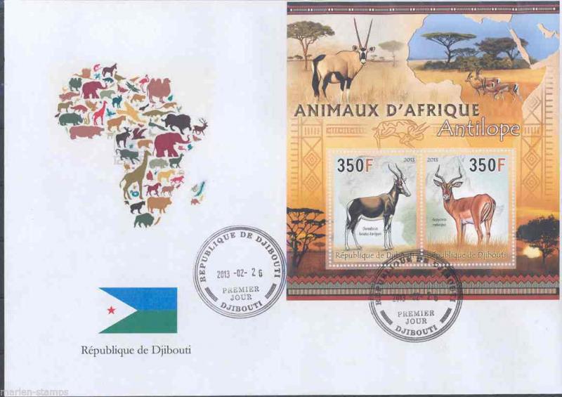 DJIBOUTI 2013 ANIMALS OF AFRICA ANTELOPE SHEET OF TWO  FIRST DAY COVER