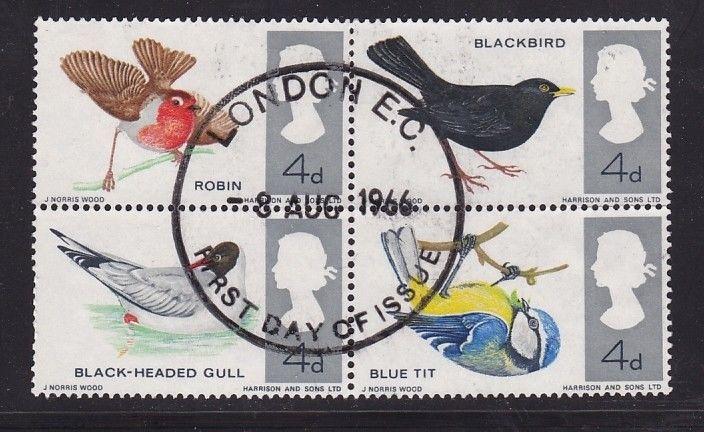 GB 1966 British Birds Block of 4 with FDI London EC CDS VGC SG696-699 Non Phos.