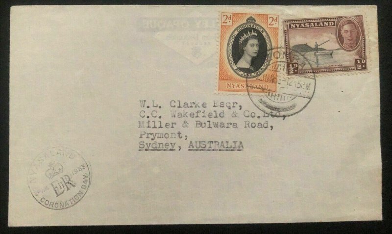 1953 Zomba Nyasaland QE 2 Coronation First Day Cover Queen Elizabeth To Sydney