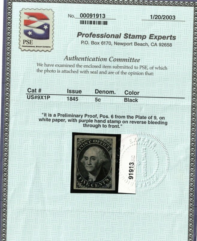 USA #9X1P Extra Fine Preliminary Proof Position 6 From Plate 9 **With Cert.**