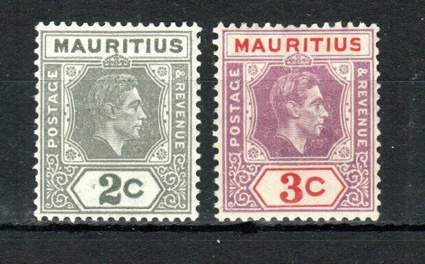 Mauritius 1942 2c perf 15 x 14 and 1938 3c sliced s variety MLH/MH