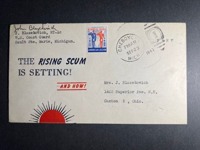 1943 Patriotic WWII USA Cover Cheboygan MI to Canton OH Rising Sun Setting