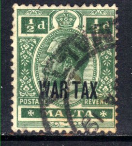 Malta 1917 - 18 KGV 1/2d Deep Green Ovpt War Tax Used SG 92 ( D546 )