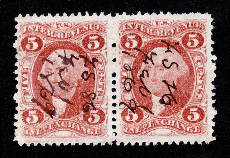 U.S. REVENUE STAMP 1ST ISSUE INLAND EXCHANGE 5¢ SCOTT #R27C USED PAIR