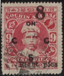 India: Cochin O24 (used) 8p on 9p Sri Rama Varma I, car rose, ovptd (1923)