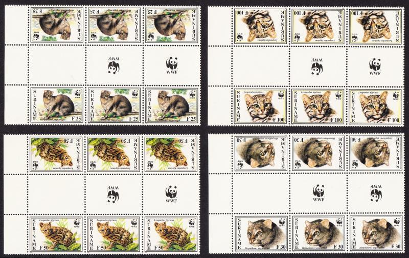 Suriname WWF Little Spotted Cat and Jaguarundi 4 Gutter Blocks SG#1631-1634