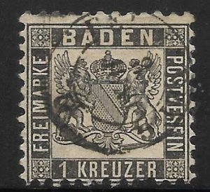 Baden - Scott #15 1Kr Black, Coat of Arms, Fine - Used, SCV=$15.00