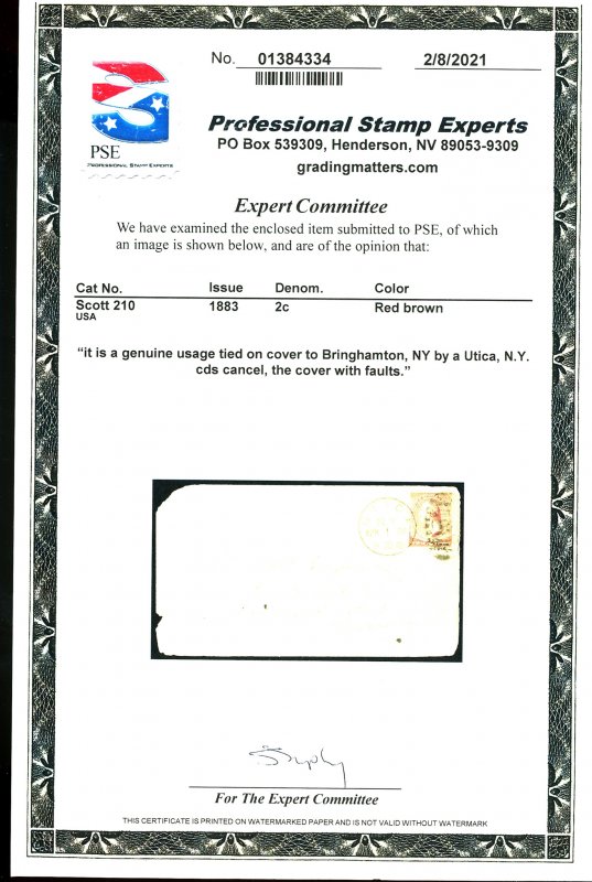 U.S. #210 USED ON COVER WITH PSE CERT. 