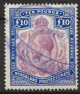 NYASALAND SG99e 1919 £10 PURPLE & ROYAL BLUE FISCALLY USED