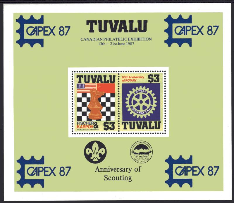 Tuvalu 1986 Sc#352 Chess Fischer/Karpov/Rotary/Scouts S/S ovpt.Capex 87 BLUE MNH