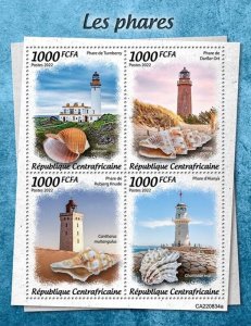 Central Africa - 2022 Lighthouses and Seashells - 4 Stamp Sheet - CA220834a