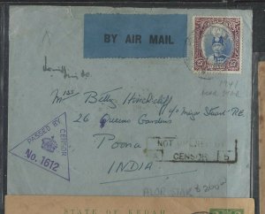 MALAYA KEDAH COVER (P0605B) 1941 SULTAN 25C A/M COVER CENSOR, NOT OPENED TO INDI