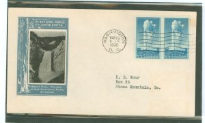 US 760 1935 5c Yellowstone National Park (imperf Farley reprint) pair on an addressed first day cover with an Ioor cachet.