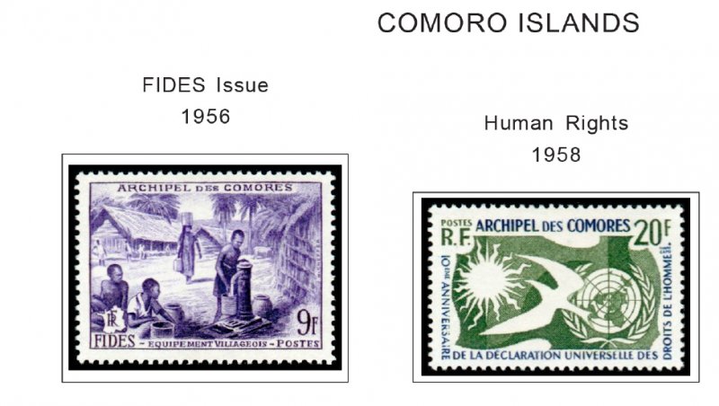 COLOR PRINTED COMOROS 1892-1975 STAMP ALBUM PAGES (25 illustrated pages)