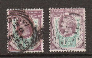 Great Britain Sc 122,v used 1887 1½p QV, 2 diff colors