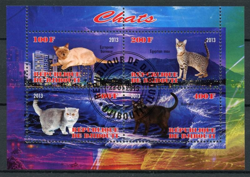 Djibouti 2013 CTO Cats Burmese Egyptian Mau 4v M/S Chats Cat Stamps