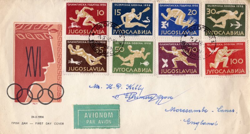 Yugoslavia 1956 Sc#461/468 OLYMPIC GAMES 1956 Set (8) FDC Letter Yugoslavia-UK