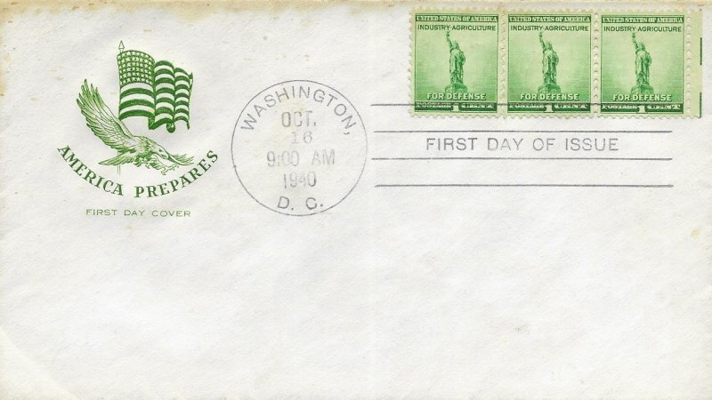 1940 FDC, #899, 1c National Defense, House of Farnam, strip of 3