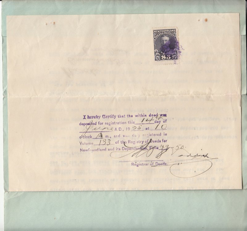 Newfoundland 1935 Deed with $5 Revenue Van Dam NFR21b Perf 11 x 12