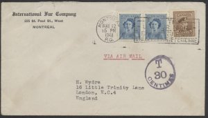 1948 Short Paid Cover Air Mail Montreal to England 5c Short = T 30 Centimes