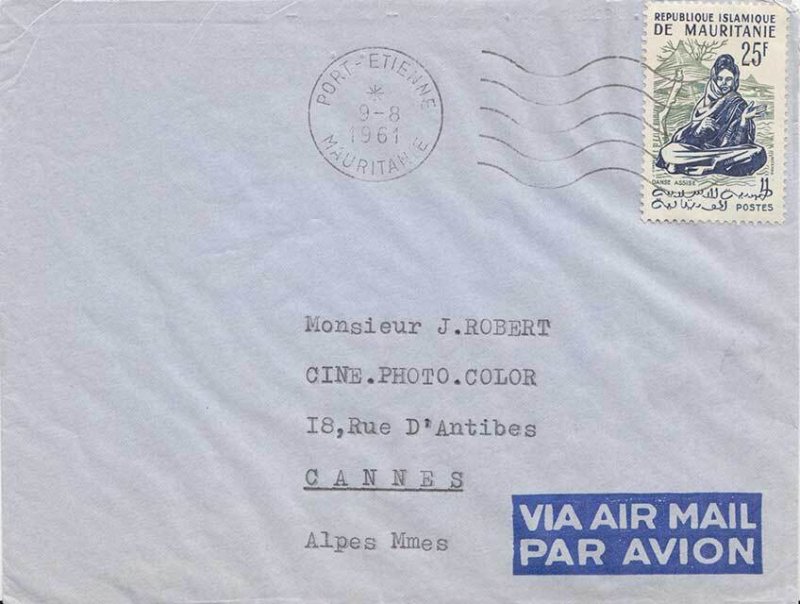 Mauritania 25F Seated Dance 1961 Port-Etienne, Mauritanie Airmail to Cannes, ...