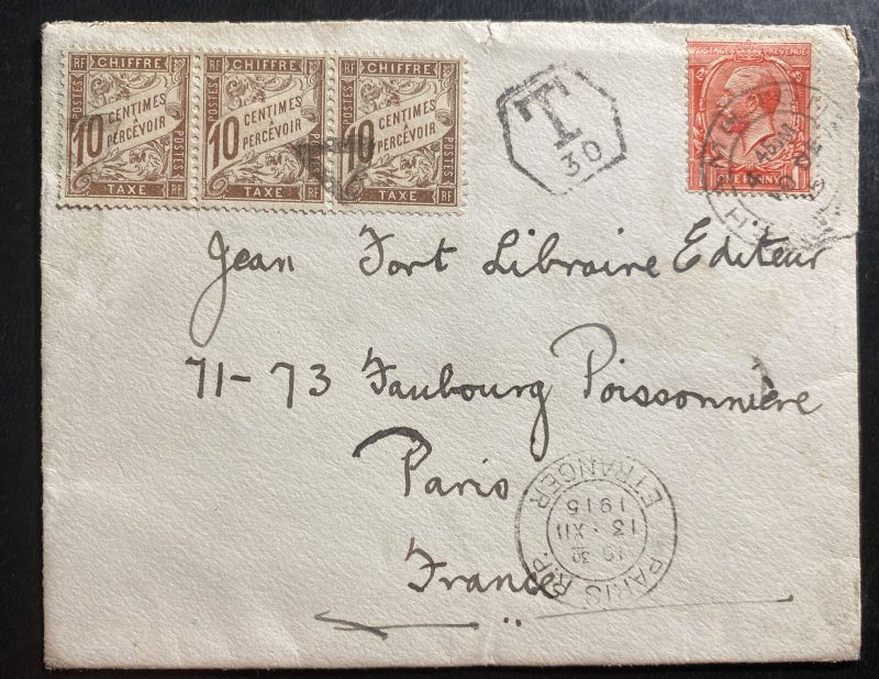 1915 England Postage Due Cover To Paris France 