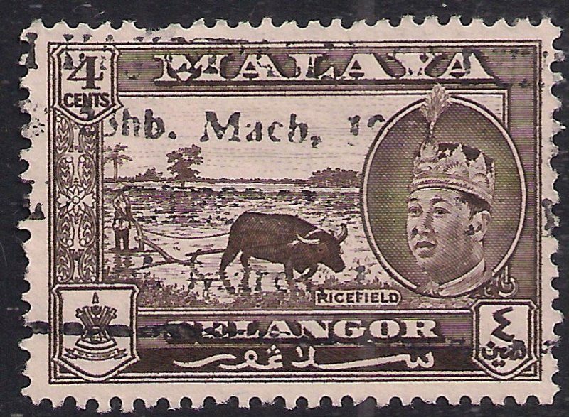 Selangor Malaya 1957 - 61 QE2 4ct Sepia used SG 118 ( R549 )