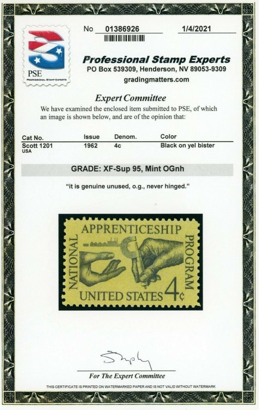 US Stamp #1201 Apprenticeship - PSE Cert - XF-SUP 95 - MOGNH - SMQ $30.00