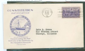 US 835 1938 3c Ratification of the US Constitution on an addressed first day cover with a Grimsland cachet.