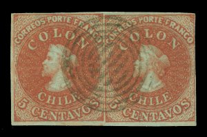 CHILE 1855 COLUMBUS 2d London(Perkins Bacon)5c brn Sc#8b IVORY HEAD VF/XF PAIR