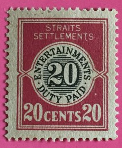 MALAYA 1920 Entertainments Duty Paid 20c Fresh Mint NH No Wmk ISC#ED2 M3299