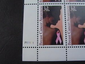 US # 3081-MINT/NEVER HINGED--LL-PLATE # BLOCK OF 4-BREAST CANCER AWARENESS-1996