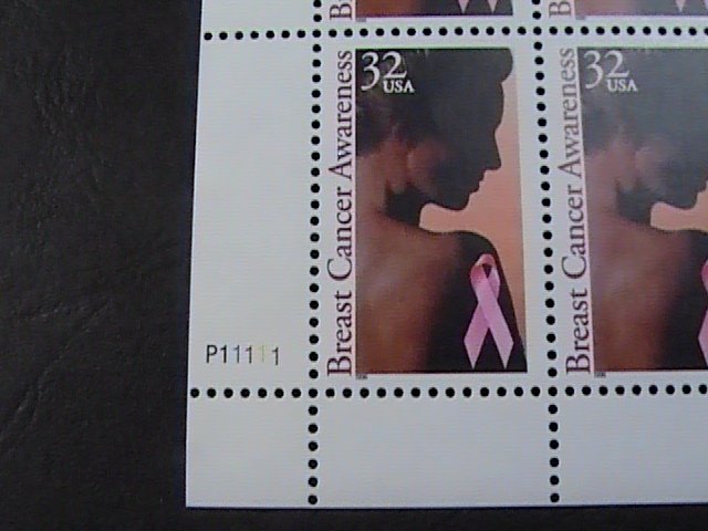 US # 3081-MINT/NEVER HINGED--LL-PLATE # BLOCK OF 4-BREAST CANCER AWARENESS-1996