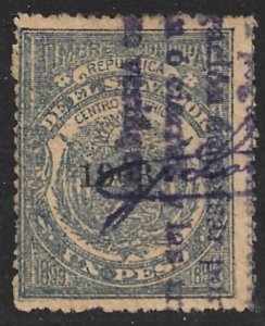 EL SALVADOR 1908 1peso ARMS Municipal Revenue Ross M140 VFU