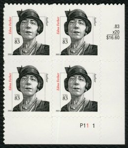 2000-09 Edna Ferber Plate Block of 4 83c Postage Stamps, Sc# 3434, MNH, OG