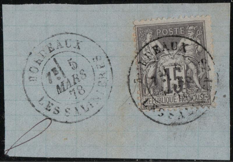 FRANCE 1878 CàD  BORDEAUX / LES SALINIÈRES  sur Yv.77 15c Sage sur fragment