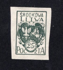 Central Lithuania 1921 25pf dark green Arms, Scott 2 MH, value = 40c