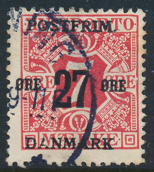 Denmark Scott 147 (AFA 87), 27/7ø red Provisional, F Used